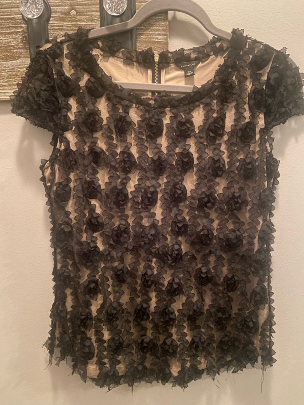 Ann Taylor Black Floral Appliqué Nude Sheer Cap-Sleeve Blouse